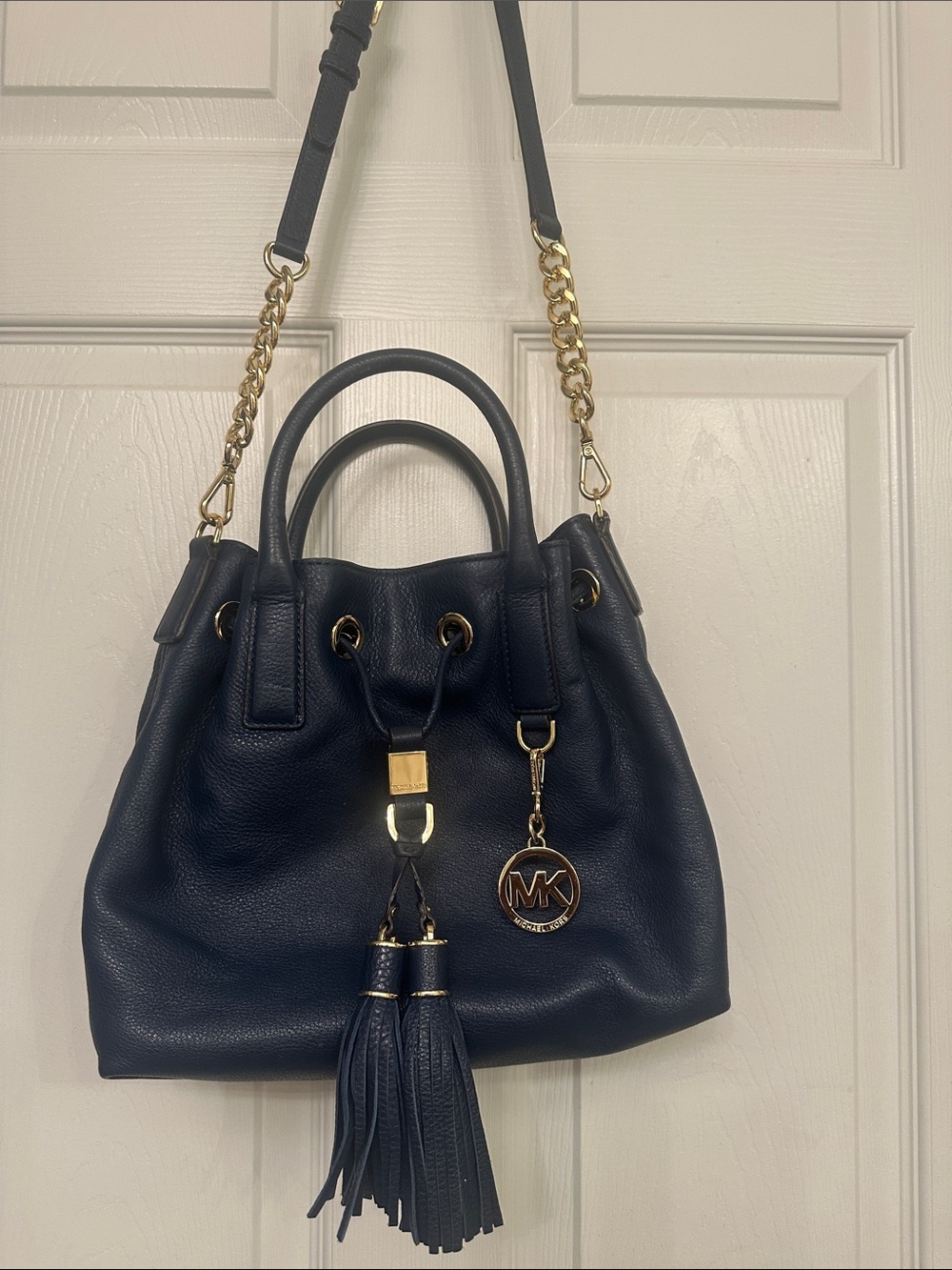 Michael Kors Navy Leather Drawstring Satchel with Tassel and Gold MK Charm